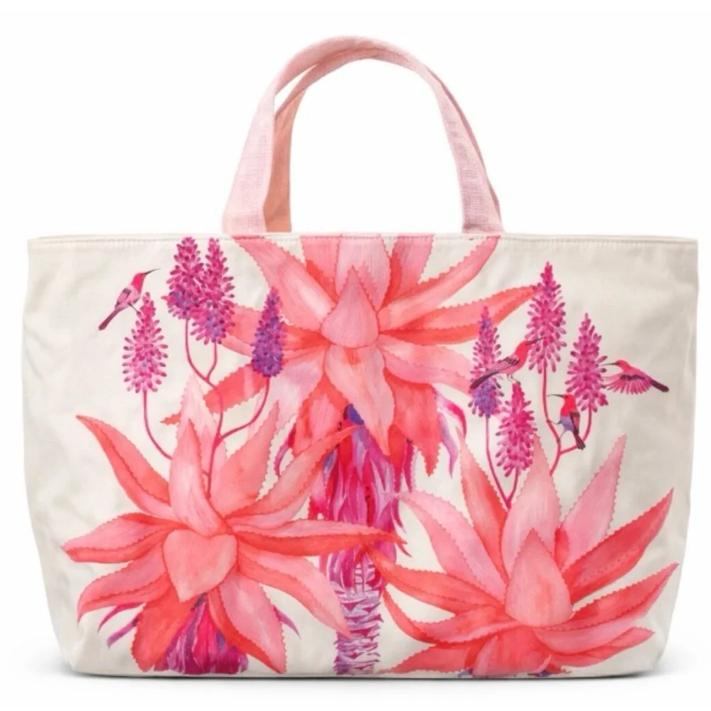 Floral Tote Bag. Pink Botanical Hummingbird Canvas Beach Bag, 19.5 X 14” - Picture 1 of 5